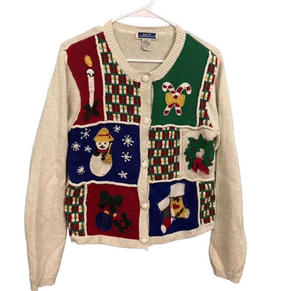 BRYN CONNELLY Christmas Cardigan Cream Patchwork Womens S Holiday Sweater Knit